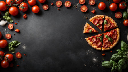 Top view of pizza with tomatoes, basil and spices on black backgroundの素材