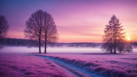 Beautiful winter sunrise in the meadow with fog and trees.の素材