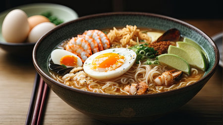 Ramen noodles with shrimps and egg in bowl on wooden tableの素材