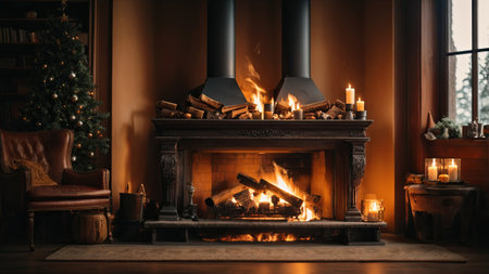 Fireplace with burning candles in living room at Christmas eve. Space for textの素材