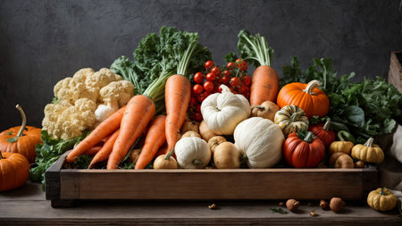 Fresh organic vegetables in wooden box on dark background. Autumn harvest.の素材