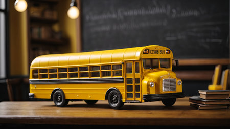 Yellow school bus on the table in the classroom. Back to school concept.の素材