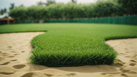 Green grass on the sand with blurred background and bokeh of golf courseの素材