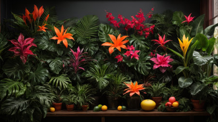 Tropical flowers and fruits in pots on a shelf in a flower shopの素材