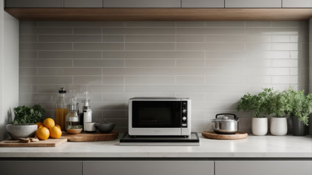 Modern kitchen interior with white brick wall and oven. 3d renderingの素材