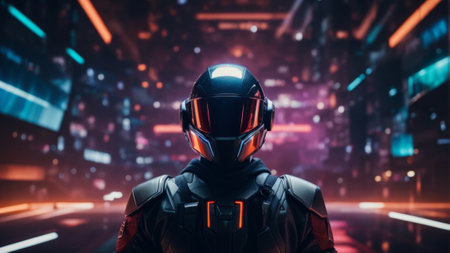 Cyborg in futuristic space suit and helmet. 3D Renderingの素材