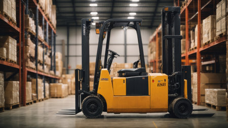Forklift truck in warehouse. Forklift loader in warehouse.の素材