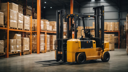 Forklift loader in warehouse. This is a freight transportation and distribution warehouse. Industrial and industrial backgroundの素材