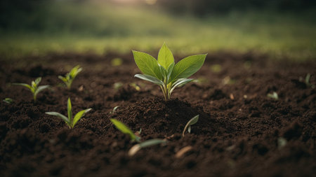 Green seedling growing in soil, new life and agriculture concept.の素材