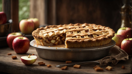 Homemade apple pie on a rustic wooden table with fresh applesの素材