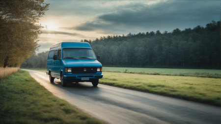 A blue van driving on a rural road in the countryside at sunsetの素材