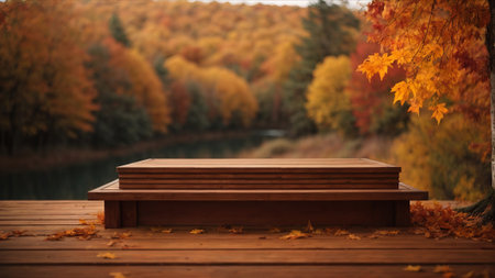 Wooden table and autumn forest in background. 3d rendering.の素材