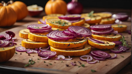 Pumpkin slices with red onion and thyme on wooden boardの素材