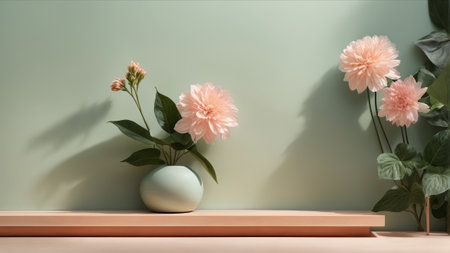 3d render of vase with pink flowers on wooden table in front of green wallの素材