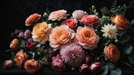 Bouquet of pink and orange flowers on a black background.の素材