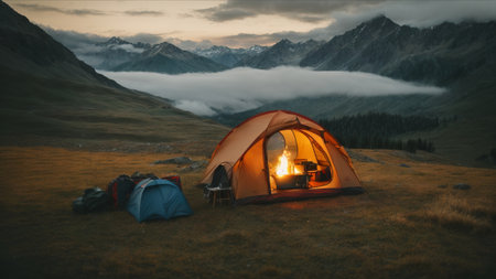 Camping in the mountains. The tent on the background of the mountains.の素材