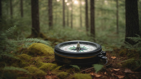 Compass in the forest. Conceptual image of adventure and travel.の素材
