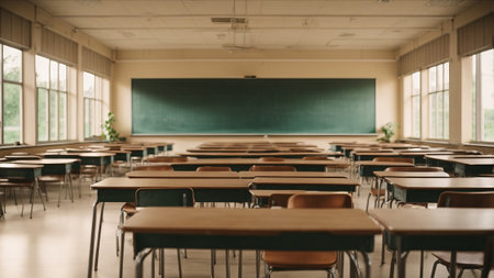 Classroom interior with empty desks and green chalkboard in the backgroundの素材