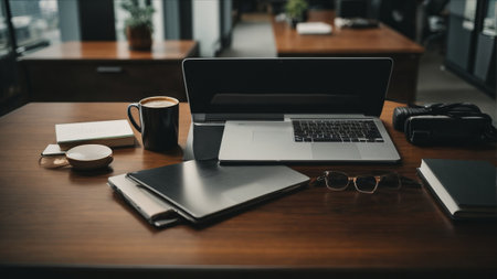 Close-up image of modern workplace with laptop, tablet and coffee cup on wooden tableの素材