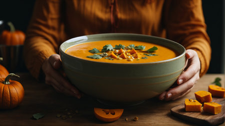 Woman holding bowl with delicious pumpkin soup on wooden table, closeupの素材