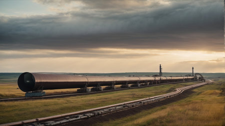 Freight train passing through the countryside in the evening with dramatic skyの素材
