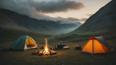 Camping in the mountains at sunset. Camping in the mountains.の素材