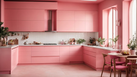 Pink modern kitchen interior design. 3d rendering mock up toned imageの素材