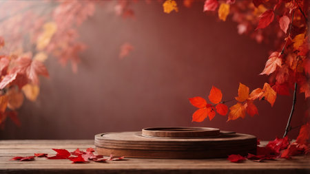 Wooden podium with autumn leaves on wooden table in front of blurred backgroundの素材