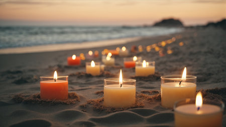 Burning candles on the beach at sunset. Selective focus.の素材