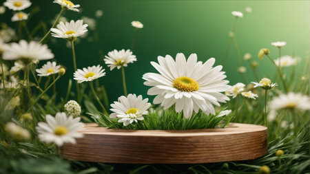 Wooden podium with daisies on green grass, nature backgroundの素材