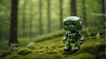 Rendering of a green robot on a mossy forest floorの素材