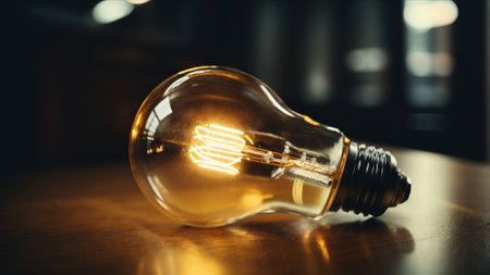 Incandescent light bulb on a wooden table in a dark roomの素材