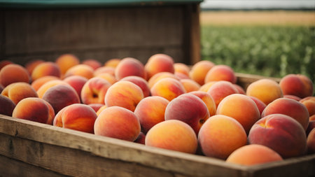 Ripe peaches in a wooden box on the background of a fieldの素材