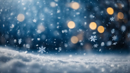 Christmas background with snowflakes, bokeh lights and falling snowの素材