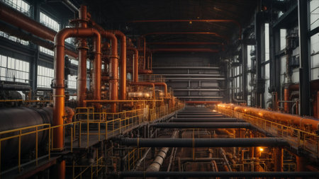 Industrial zone, Steel pipelines and equipment in a factory, tonedの素材