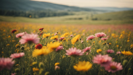 Beautiful meadow with flowers in the mountains. Vintage style.の素材