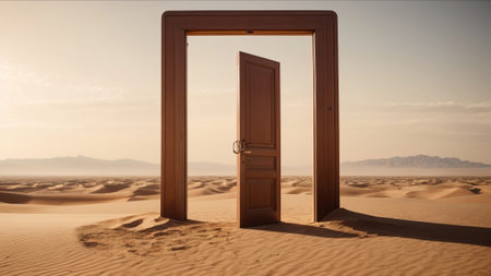 Open door in the desert with sand dunes and mountains in the backgroundの素材
