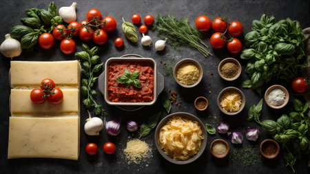 Ingredients for cooking lasagna on dark background. Top view with copy spaceの素材