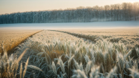 Sunset over wheat field in winter. Panoramic photo.の素材