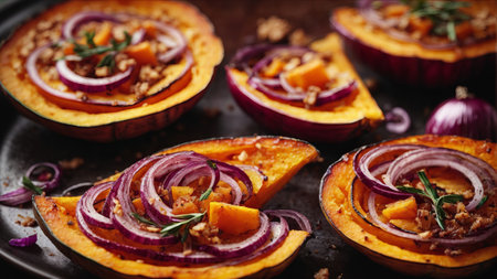 Baked pumpkin with red onion and thyme. toning. selective focusの素材
