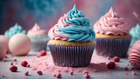 Delicious cupcakes with pink and blue frosting on light backgroundの素材