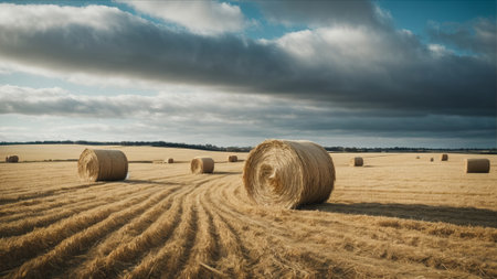 Panoramic view of hay bales in a field with cloudy skyの素材