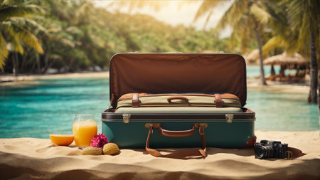 Suitcase with travel accessories on sand near tropical beach. Travel conceptの素材