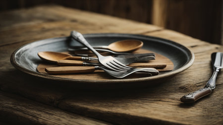Vintage cutlery on rustic wooden table. Selective focus.の素材