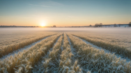 Sunrise over a field with ears of wheat covered with hoarfrostの素材