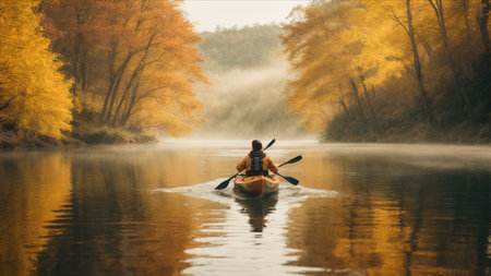 Man kayaking on a misty river in the autumn forest.の素材