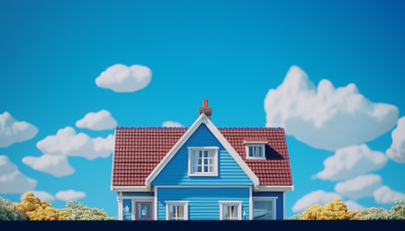 House with roof against blue sky with white clouds 3d-illustrationの素材