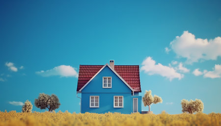 3d rendering of a blue house in a field of yellow flowersの素材