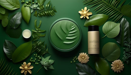 Luxury cosmetic product with green leaves and flowers on green backgroundの素材
