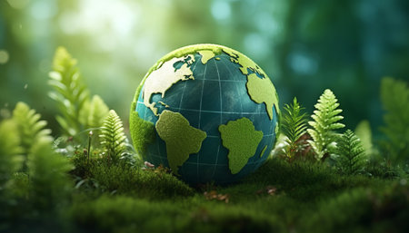 Globe on the green moss in the forest. 3d renderの素材